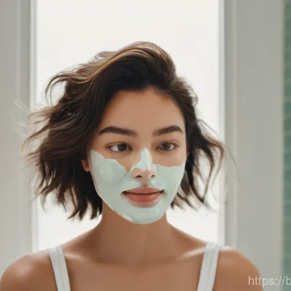 자연 성분 헤어팩 DIY 방법 - **Prompt:** A young woman with shoulder-length, dark brown hair, gently applying a creamy, off-white...