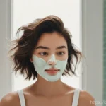 자연 성분 헤어팩 DIY 방법 - **Prompt:** A young woman with shoulder-length, dark brown hair, gently applying a creamy, off-white...