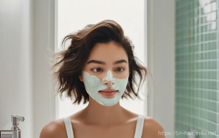 자연 성분 헤어팩 DIY 방법 - **Prompt:** A young woman with shoulder-length, dark brown hair, gently applying a creamy, off-white...